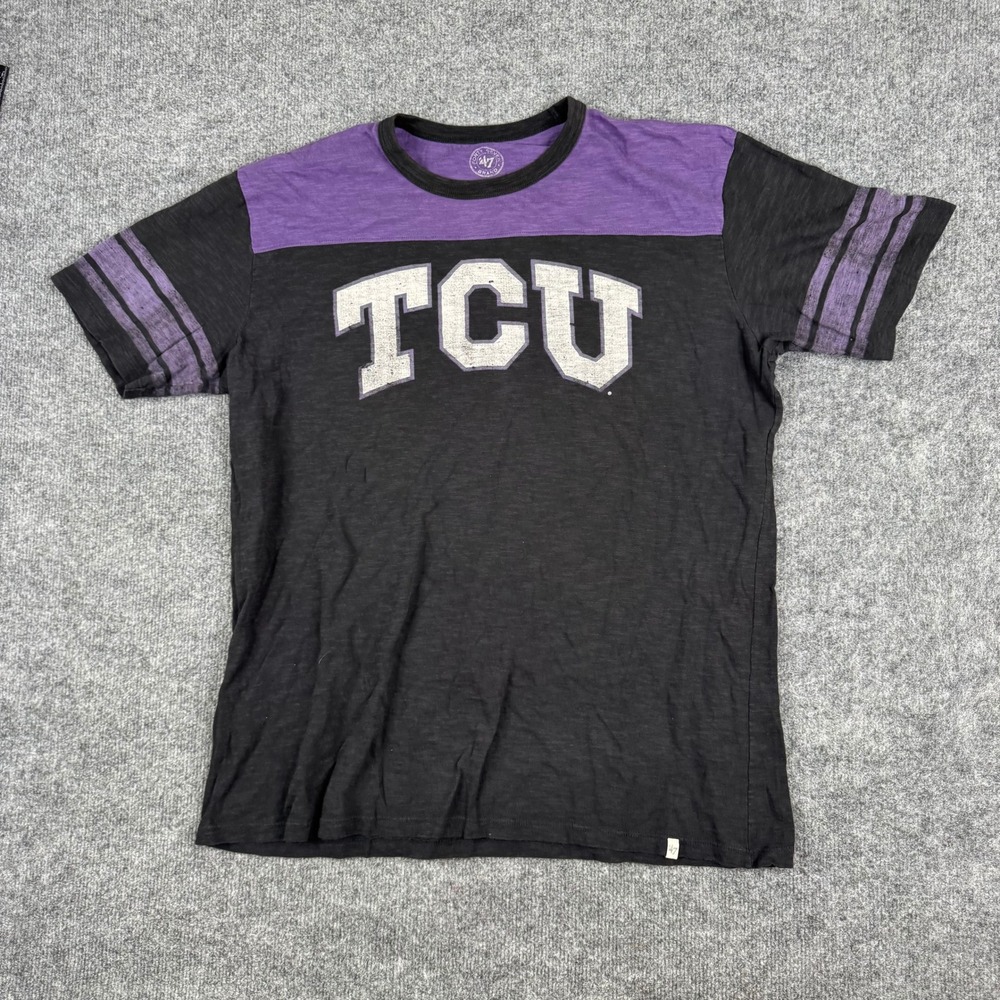 47 Brand T-Shirt Mens Size XL Black Purple TCU Horned Frogs Cotton Slub Varsity
